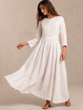 Linennaive Linen Dress Pleated Button Cottage Core White Large